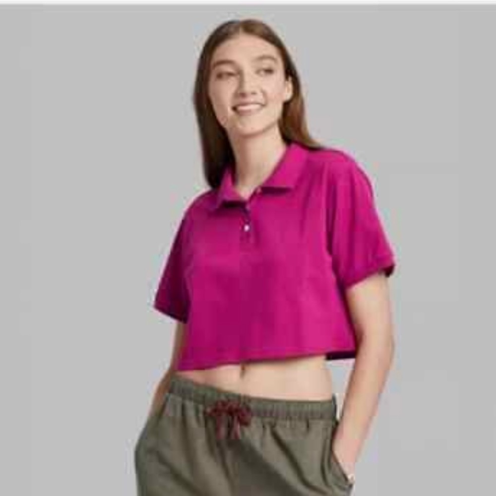 WILD Fable Women's Short Sleeve Boxy Cropped Polo T-Shirt Pink plus size XXL